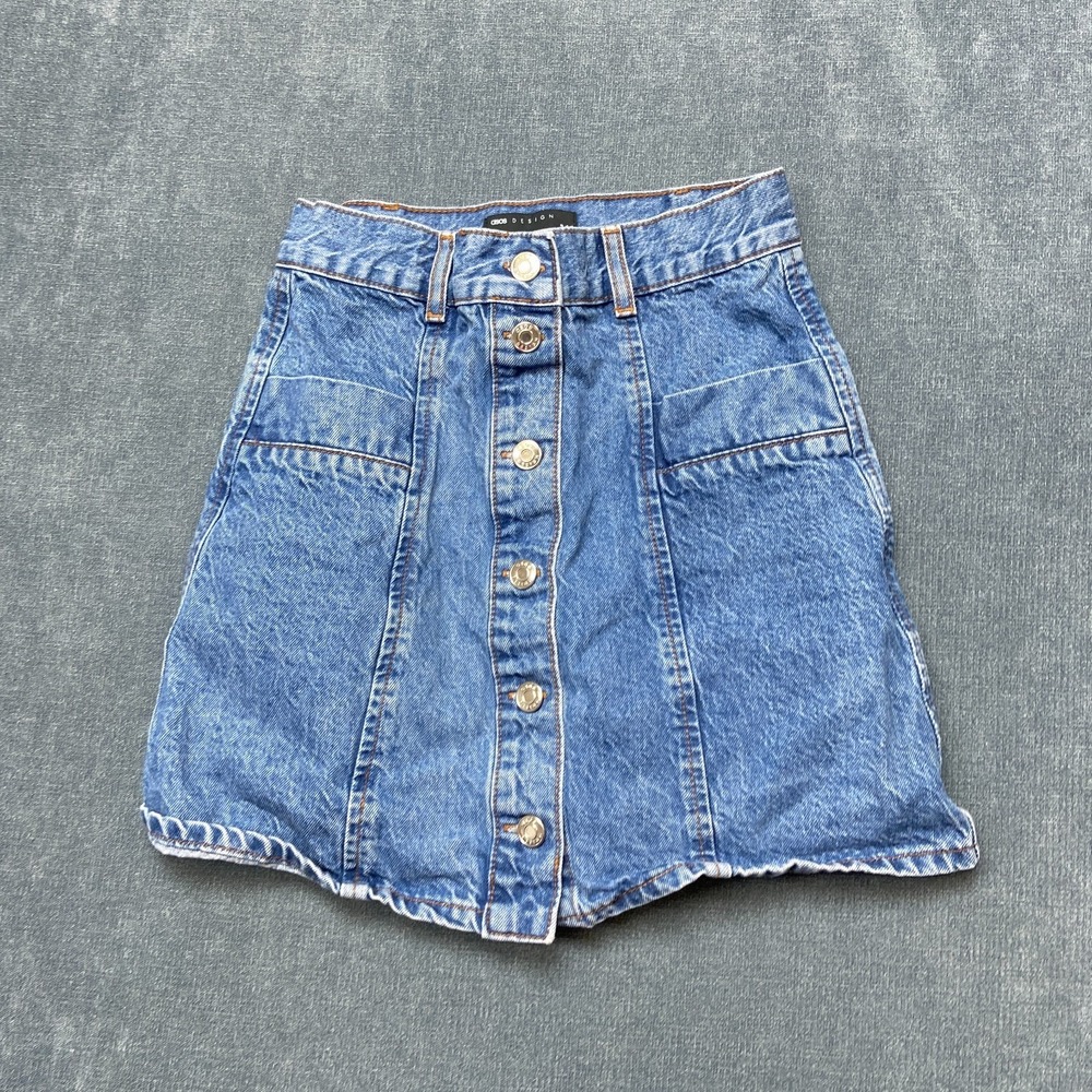 Asos Design Mini Skirt Womens 4 Blue Denim Button Front Patch Pockets Mid Rise